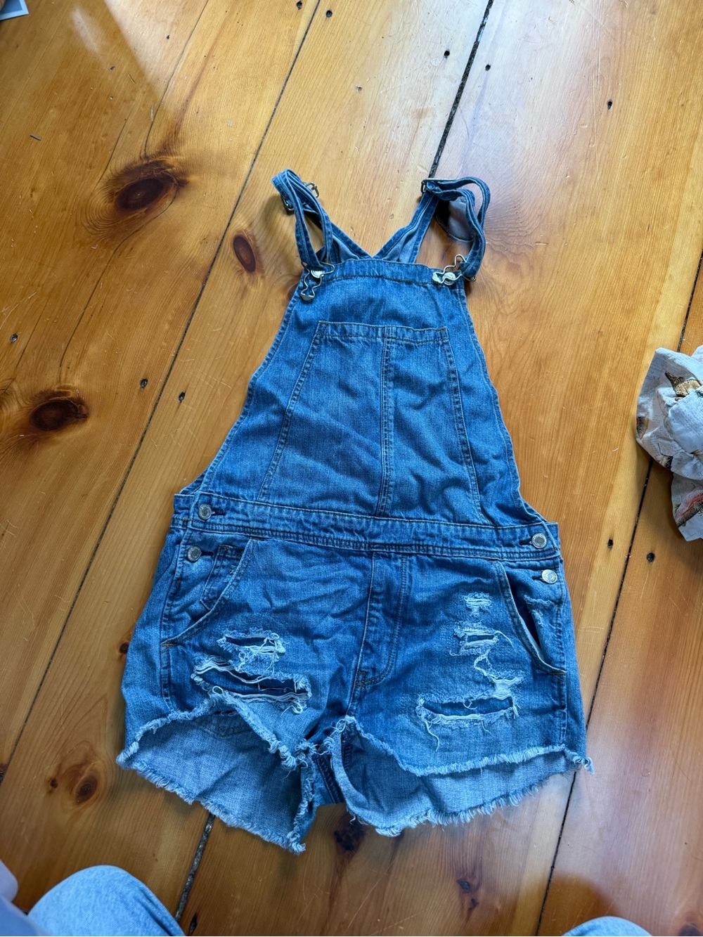 American Eagle Outfitters Blue Distressed Denim Short Overalls